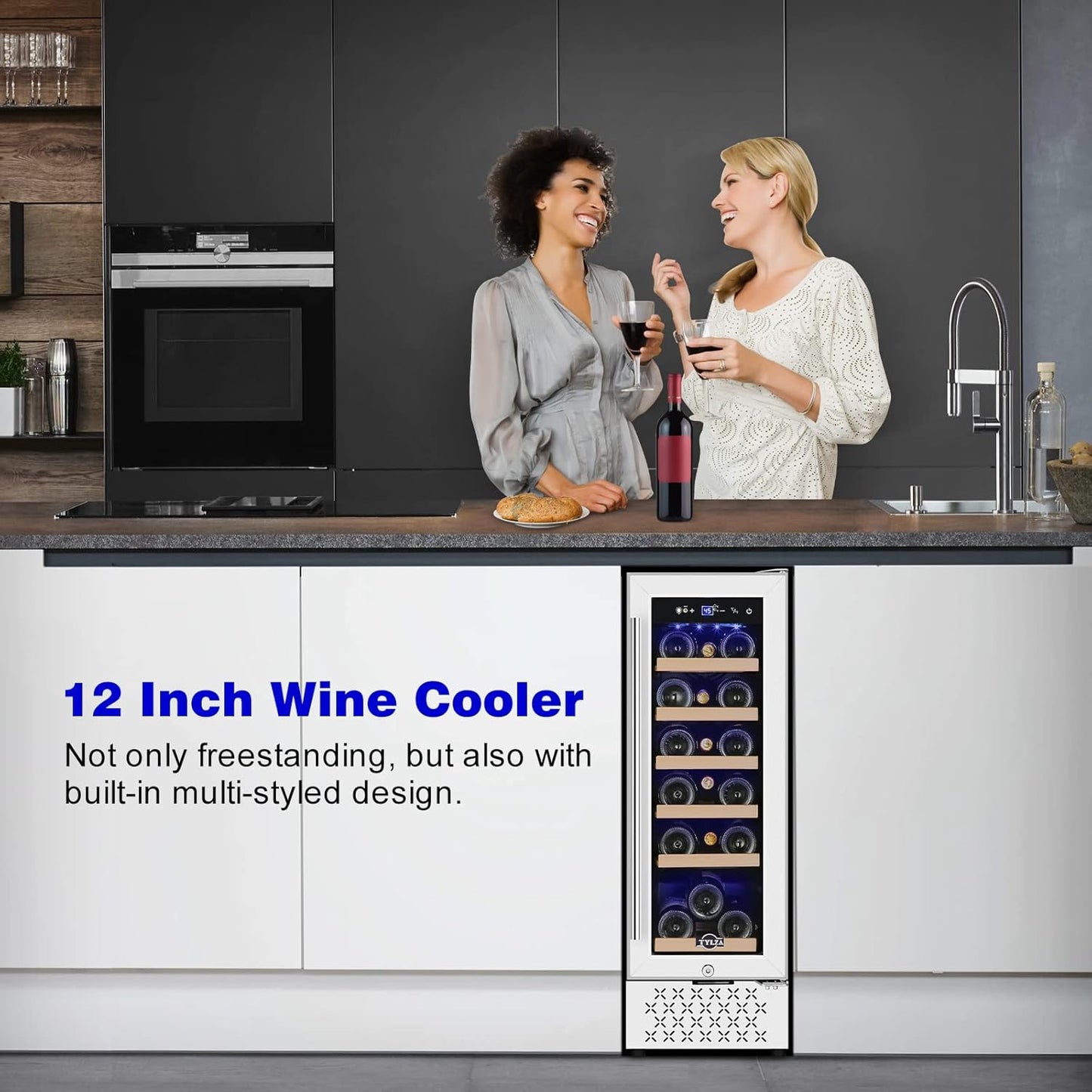 Tylza 12" Wine Cooler Refrigerator, 18 Bottle Wine Fridge Built-in or Freestanding with Stainless Steel & Double-Layer Tempered Glass Door, Compressor Fast Cooling, Low Noise and No Fog, Mini Fridge