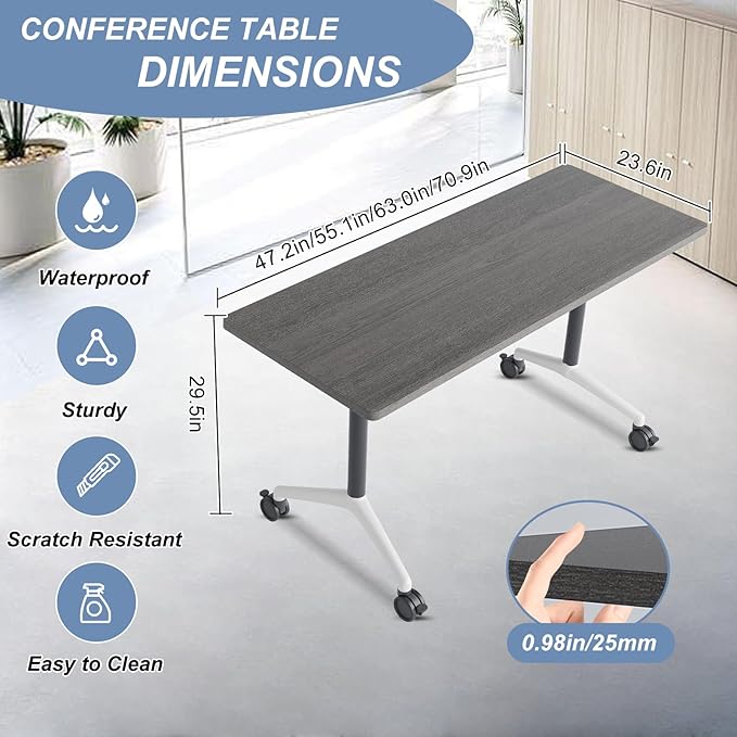 Folding Conference Table, Mobile Training Table for Office Conference, Modern Modular Rectangular Work Desk Meeting Seminar Work Tables with Caster Wheels, Large Breakroom Tables (4Pack L70.9in)