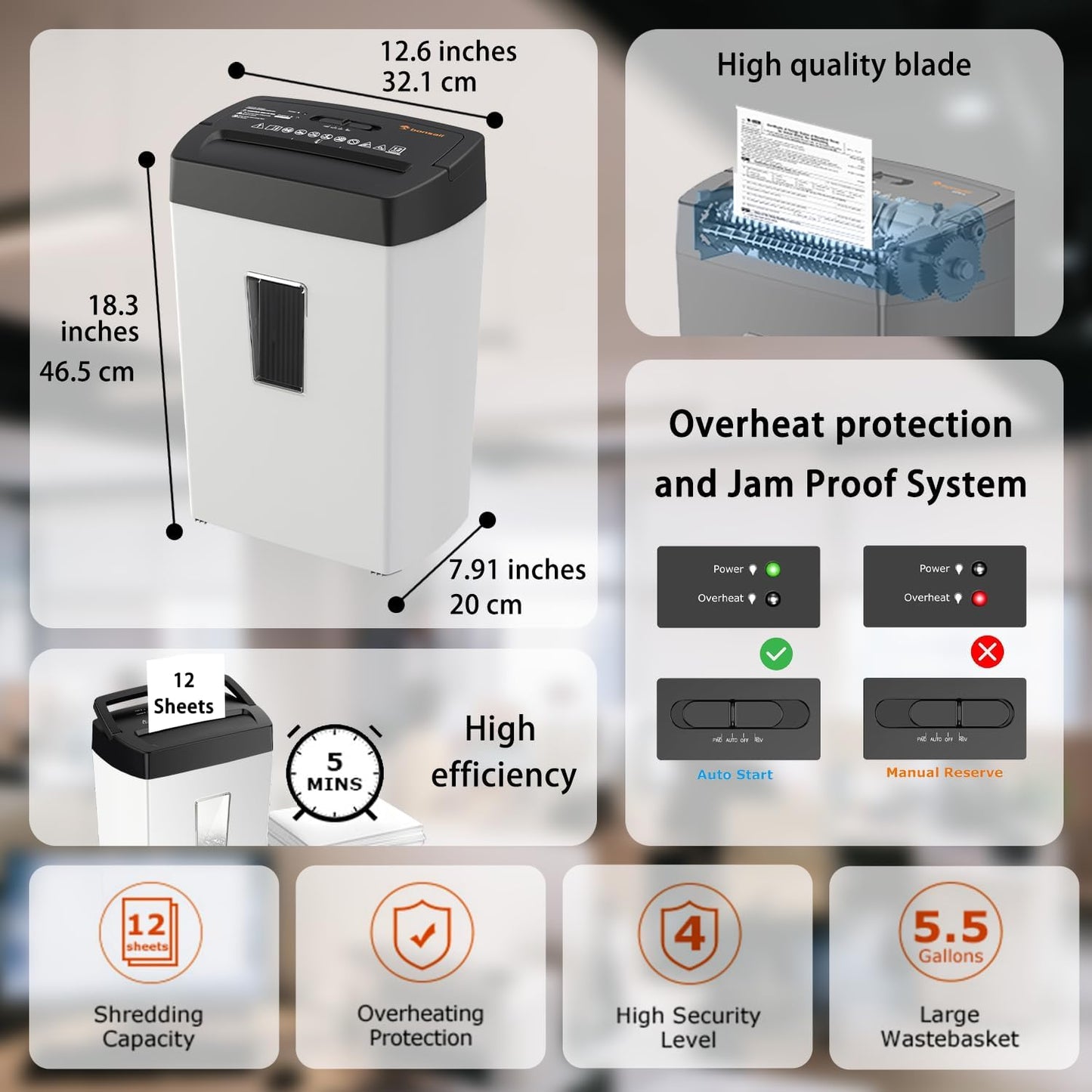 Bonsaii Heavy-Duty Shredder, Up to 12 Sheets, P-4 high Security, Credit Cards, Mail, & Staples, 5.5-Gallon bin with a Transparent Window, Suitable for Heavy-Duty use in Home Offices, White & Black