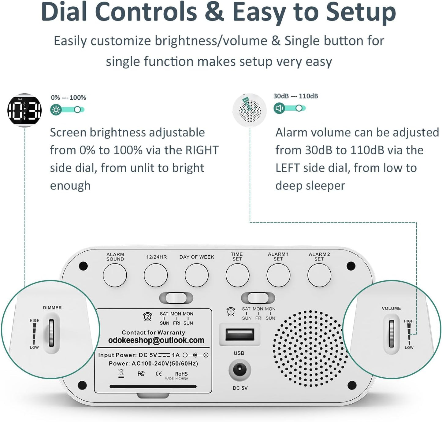 Digital Dual Alarm Clock for Bedroom, Easy to Set, 0-100% Dimmer, USB Charger, 5 Sound Adjustable Volume, Weekday/Weekend Mode, Snooze, 12/24Hr, Battery Backup, Compact Clock for Bedside(White)