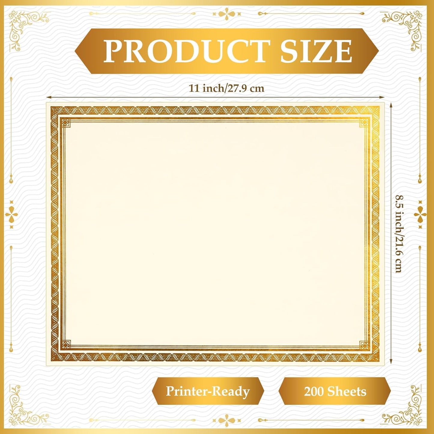 Certificate Paper 8.5 x 11 for Printing Blank Award Certificate for Graduation Diploma Achievement Participation Award Document (200pcs,Gold)