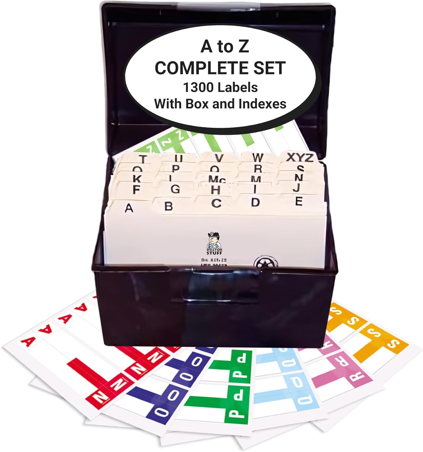 Alphabet Labels for File Folders, A to Z Complete Set with File Box and Indexes, Doctor Stuff, 100 Stickers of Each Letter, 1300 Labels, Compatible with Smead SNCC Series, Medical Chart Labels