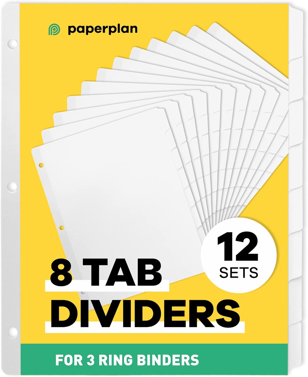 Binder Dividers with Tabs - (Set of 12) x 8-Tab Dividers for 3 Ring Binders, White, Reinforced Edge - Ideal for Keeping Your Documents Neat and Professional