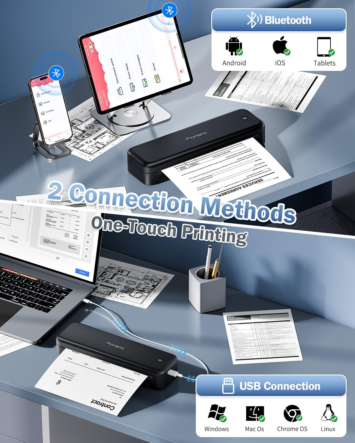 Phomemo M834 Portable Printer Wireless for Travel Upgraded, Bluetooth Thermal Printer 8.5" x 11"&A4, Compatible with iOS,Android & PC,Inkless Mobile Printers for Travel,Office,School,Home,Black