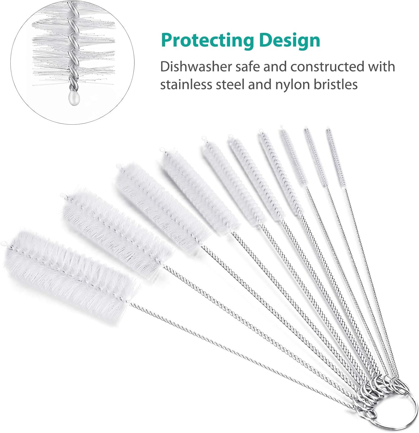 CiaraQ Bottle Cleaning Brushes, 8 Inch Nylon Tube Brush Set, Cleaner for Narrow Neck Bottles Cups with Hook, Set of 10pcs. White