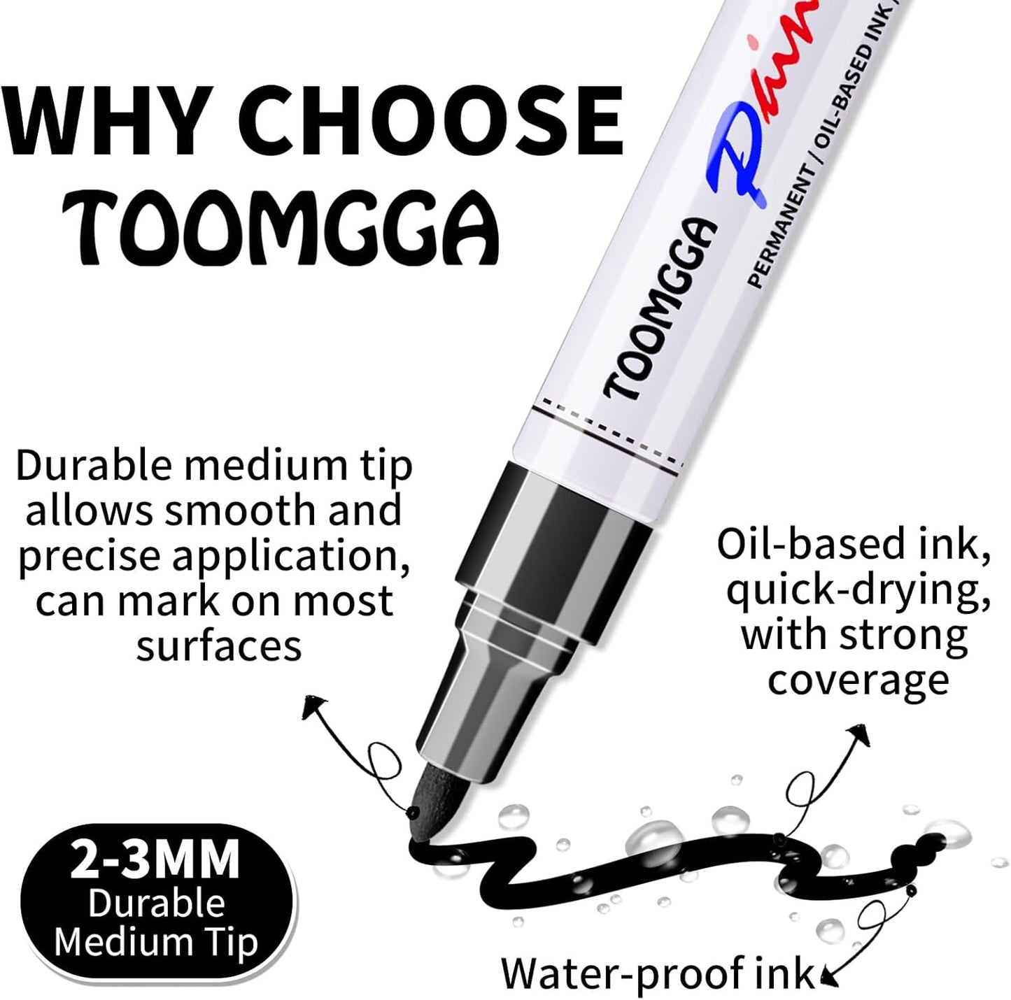 Black Paint Pens Permanent Paint Markers - 8 Pack Oil Based Marking Pens, Medium Point, Quick Drying and Waterproof Pens for Rock Painting Car Tyre Metal, Plastic, Canvas, Wood