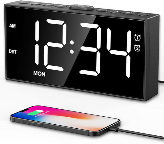PPLEE Alarm Clock for Bedroom,Upgrade Digital Clock Large Bold Number,5 Level Brightness Volume,2 Alarms,Weekend Weekday Mode,Type C/USB Charger Port,Loud Table Clock with Power Off Memory for Any Age