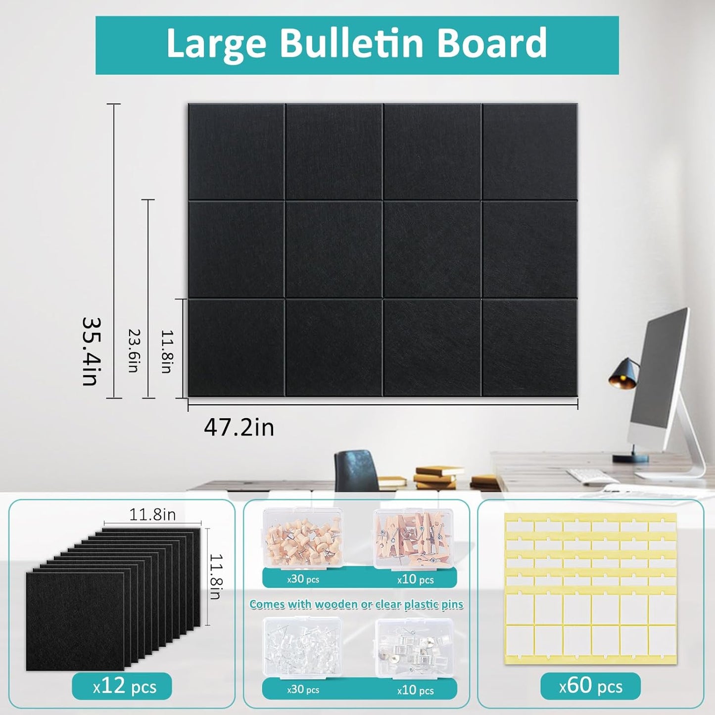 Black Cork Board 48" x 36" - 12 Pack Felt Wall Tiles with Safe Removable Adhesive Tabs - Large Cork Board for Office Classroom Home Walls Decor - Black