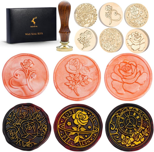 Wax Seal Stamp Kits, 6 pcs Wax Stamp Brass Head & 1 Wooden Handle, 6 Rose Designs