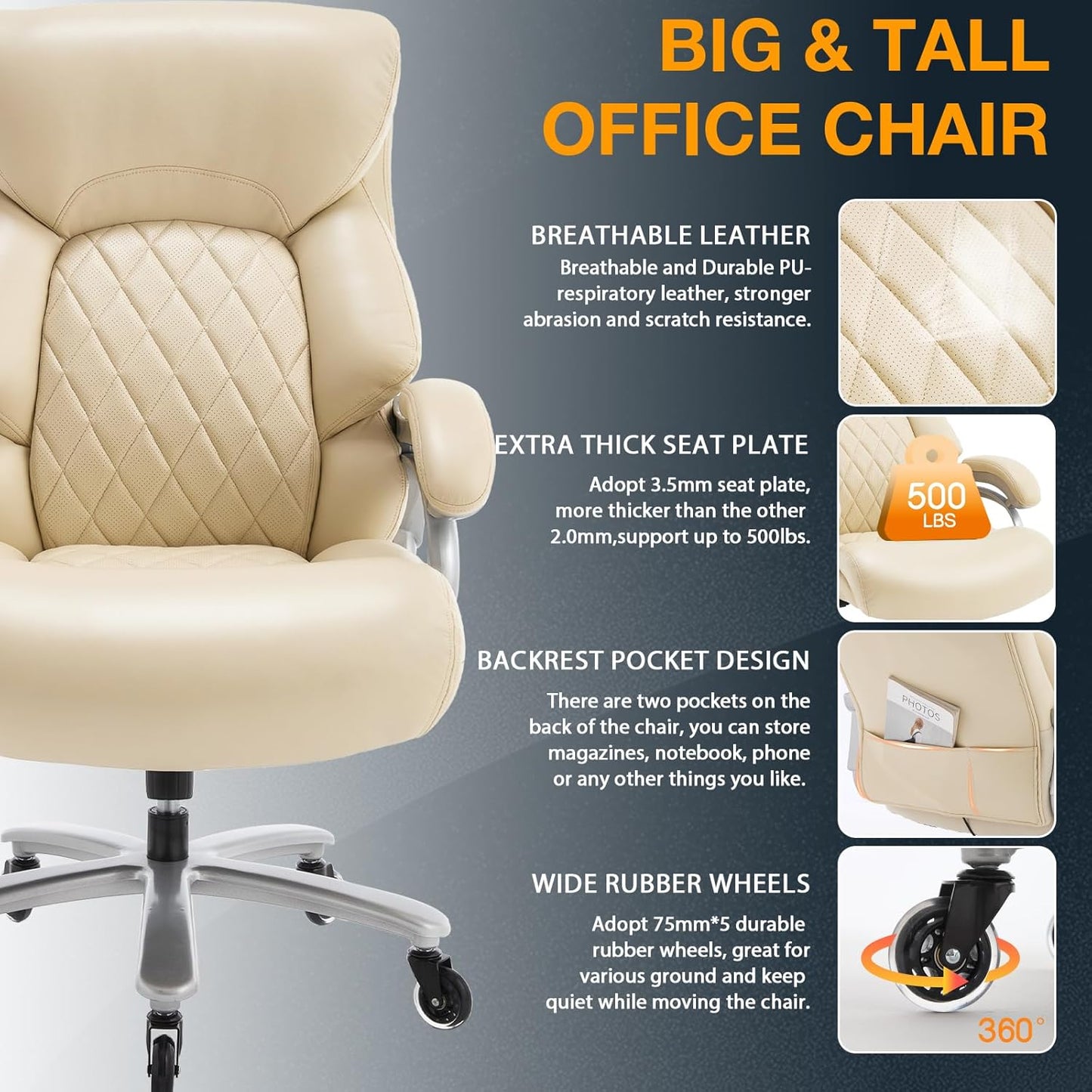 Big and Tall Office Chair for Heavy People, 500LBS High Back Extra Wide Heavy Duty Executive Office Chair Comfortable for Home, Large Computer Desk Chairs with Adjustable Lumbar Support Beige