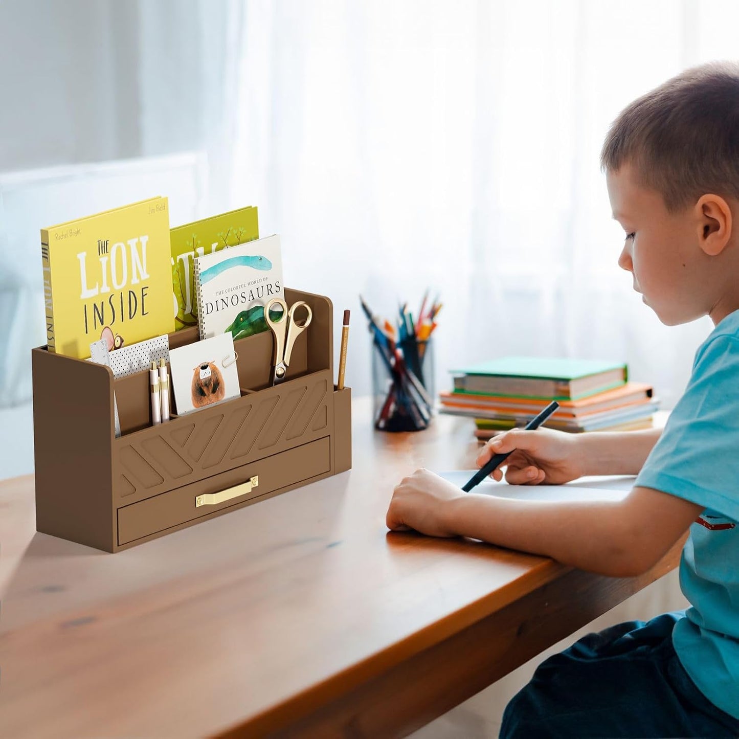 Bamboo Desk Organizer Mail Holder Countertop Wood Desk Drawer Tabletop Storage Box Pen Holder Letter Sorter Makeup Organizer for School Home Office Supplies with Pen Holder Brown