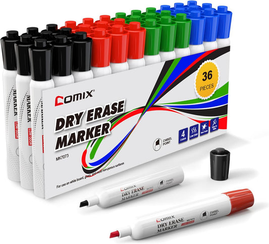 Comix Low Odor Dry Erase Markers, Chisel Tip White Board Markers, 36 Bulk 4 Colors Thick Markers for Kids Teachers