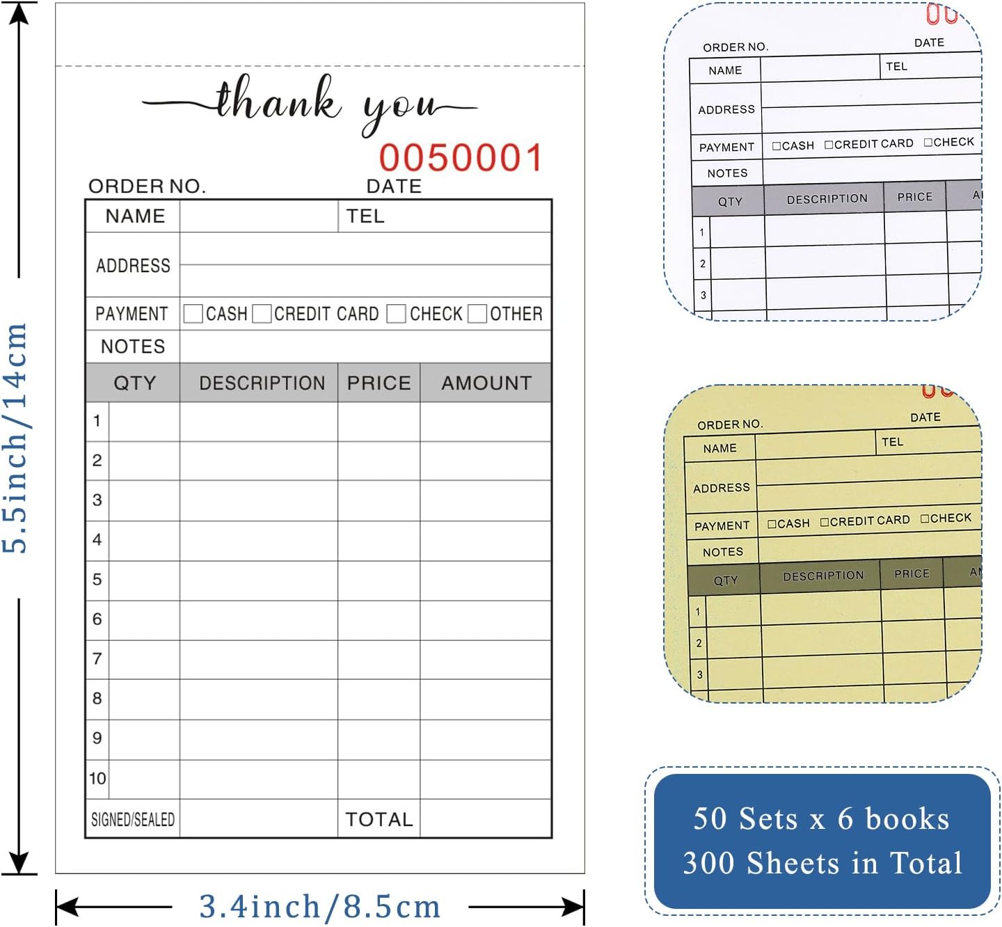 6 Pack Thank You Receipt Book, 3.4x5.5" Handheld 2-Part Carbonless Sales Invoice Book, Invoice Pad with Cardboard for Small Boutique Business, (50 Sets)