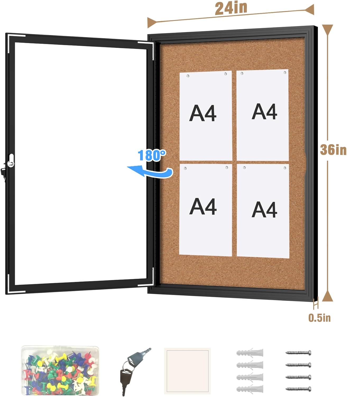 36"x24" Enclosed Bulletin Board, Outdoor Lockable Weather-Resistant Aluminum Cork Noticeboard for School & Office Hospital, Black Frame w/Cork