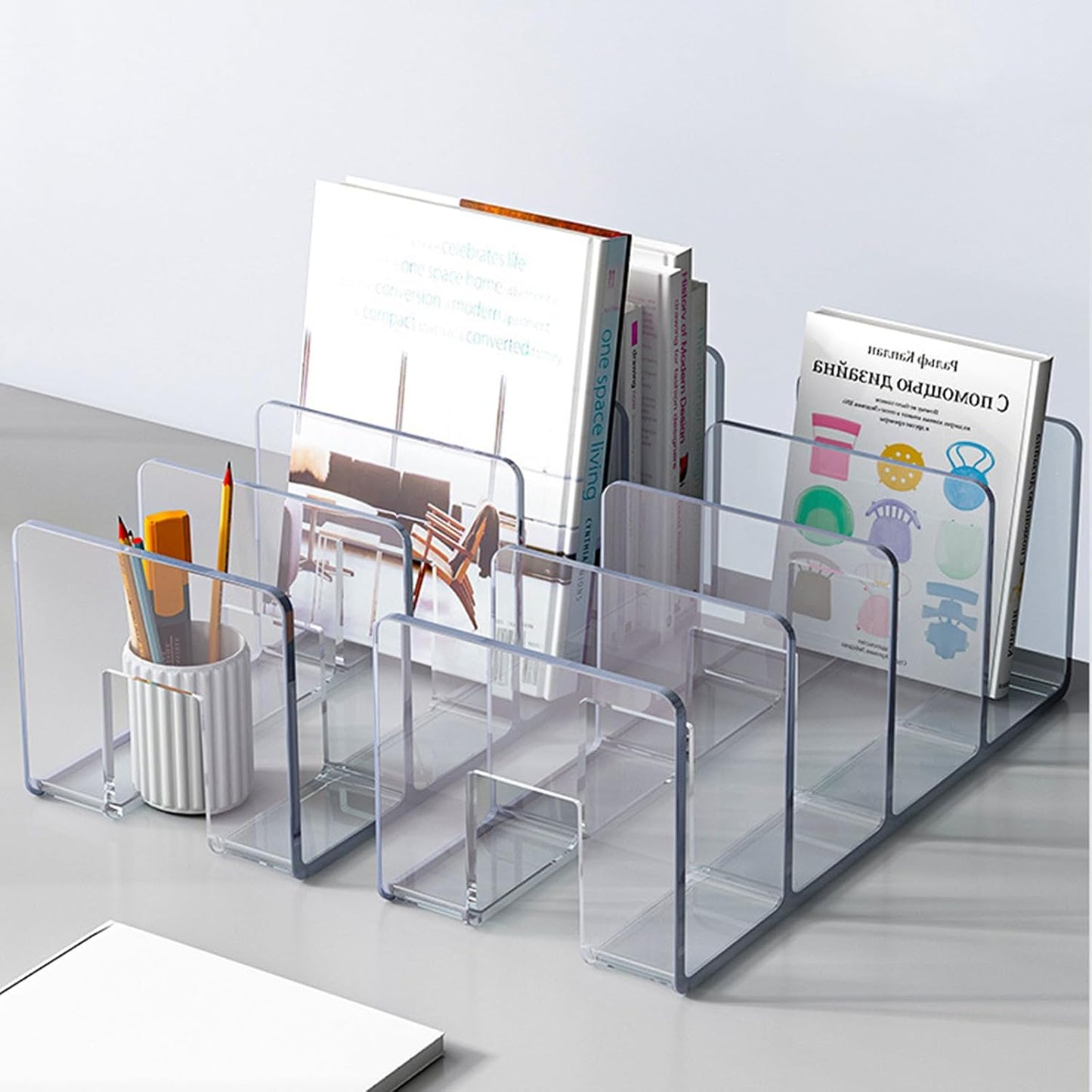 2PCS Acrylic File Organizer for Desk, Desktop Document/Mail Organizer, 4 Compartments Plastics Invisible Bookshelf Floating (12.5" x 5.7" x 5", White)