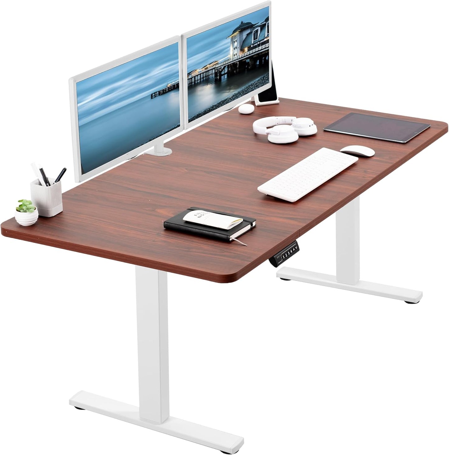 VIVO Electric 60 x 30 in Standing Desk, Memory Height Adjustment, 1B Series, Dark Walnut Top White Frame, DESK-KIT-1W6D-30