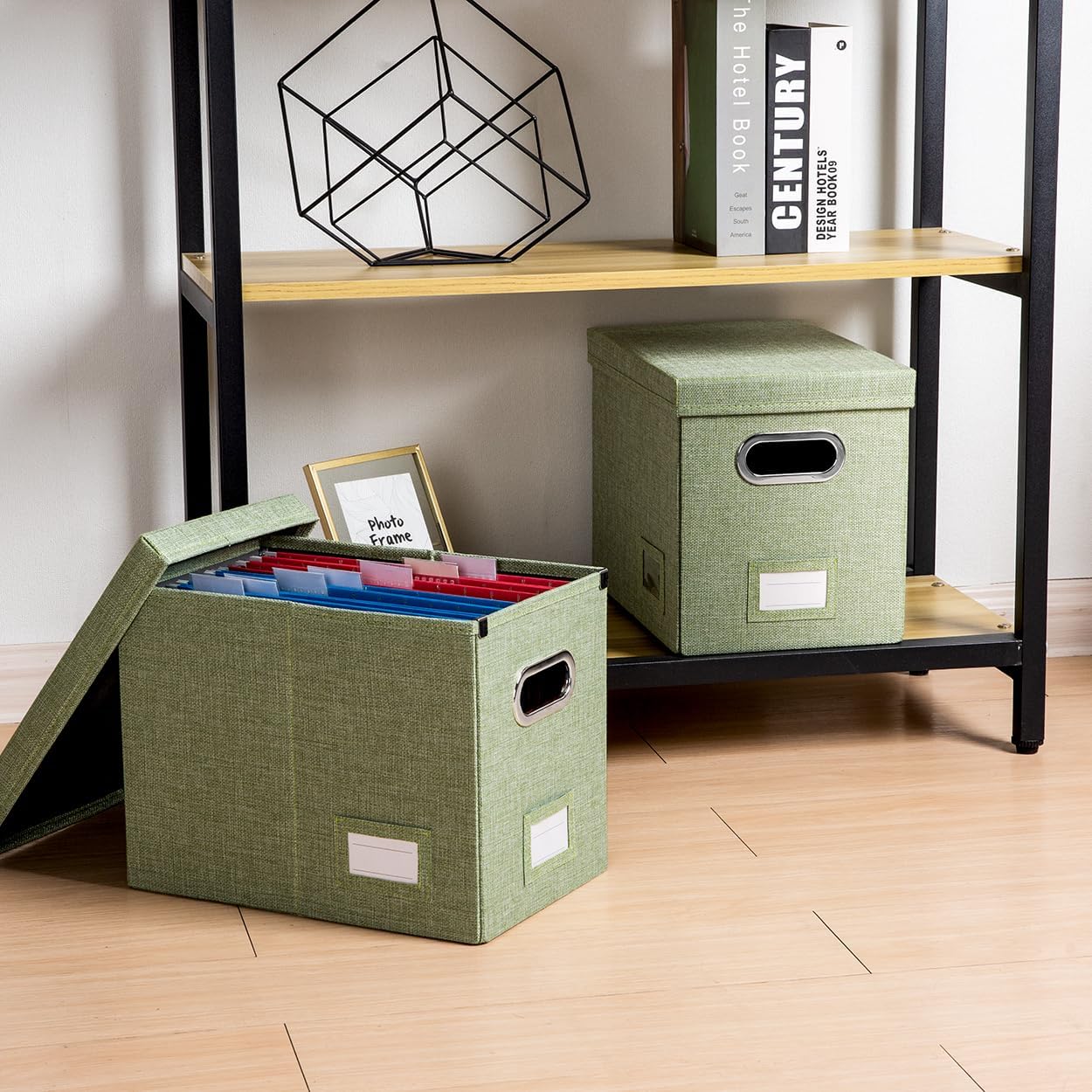 PRANDOM File Organizer Box - Set of 4 Collapsible Decorative Linen Filing Storage Hanging File Folders with Lids Office Cabinet Letter Size Green (14x9.3x10.8 inch)