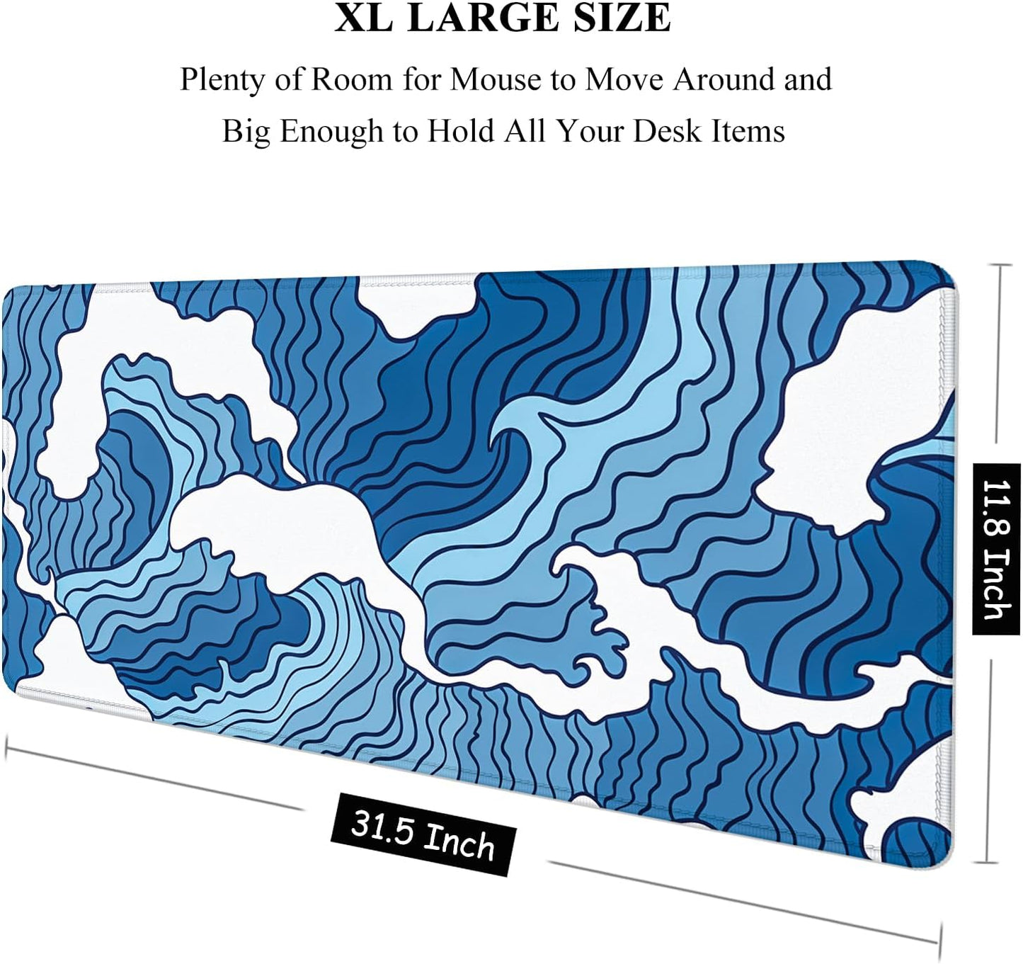 Auhoahsil Large Mouse Pad, XXL Gaming Mousepad, Desk Mat for Desktop, Thick Rubber, Big & Long Size, Stitched Edges, Full Desk Pad for Laptop & Computer, Extended 31.5 x 11.8 in, Janpanese Wave