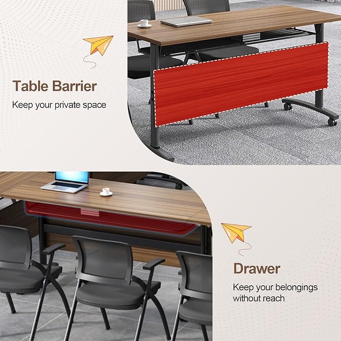 Folding Conference Room Table, Modern Conference Tables with Wheels, Large Rectangular Mobile Training Tables for Office Classroom, Foldable Modular Boardroom Seminar Table Walnut (8pack L70.9in)