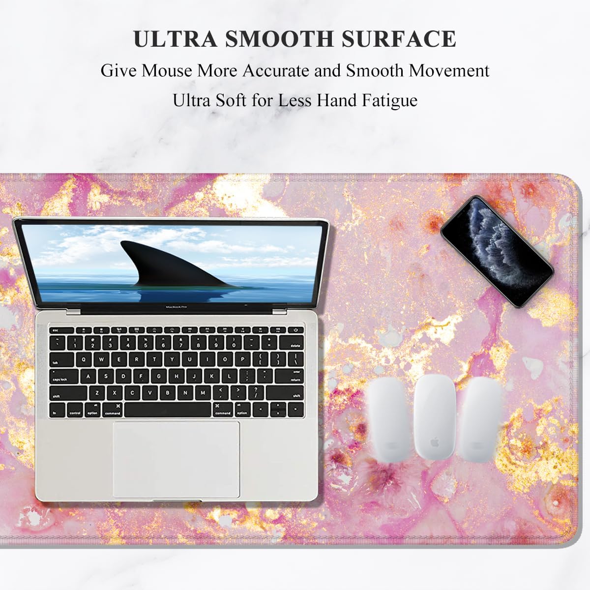 Auhoahsil Large Mouse Pad, XXL Gaming Mousepad, Desk Mat for Desktop, Thick Rubber, Big & Long Size, Stitched Edges, Full Desk Pad for Laptop & Computer, Extended 35.4 x 15.7 in, Pink Gold Marble