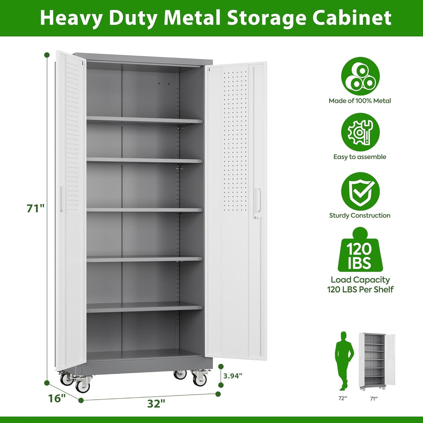 Aobabo Upgraded Garage Storage Cabinets with Wheels,Metal Storage Cabinets with 5 Adjustable Shelves for Garage Home Office Storage, Grey&White,71''H*32''W*16''D,Assembly Required