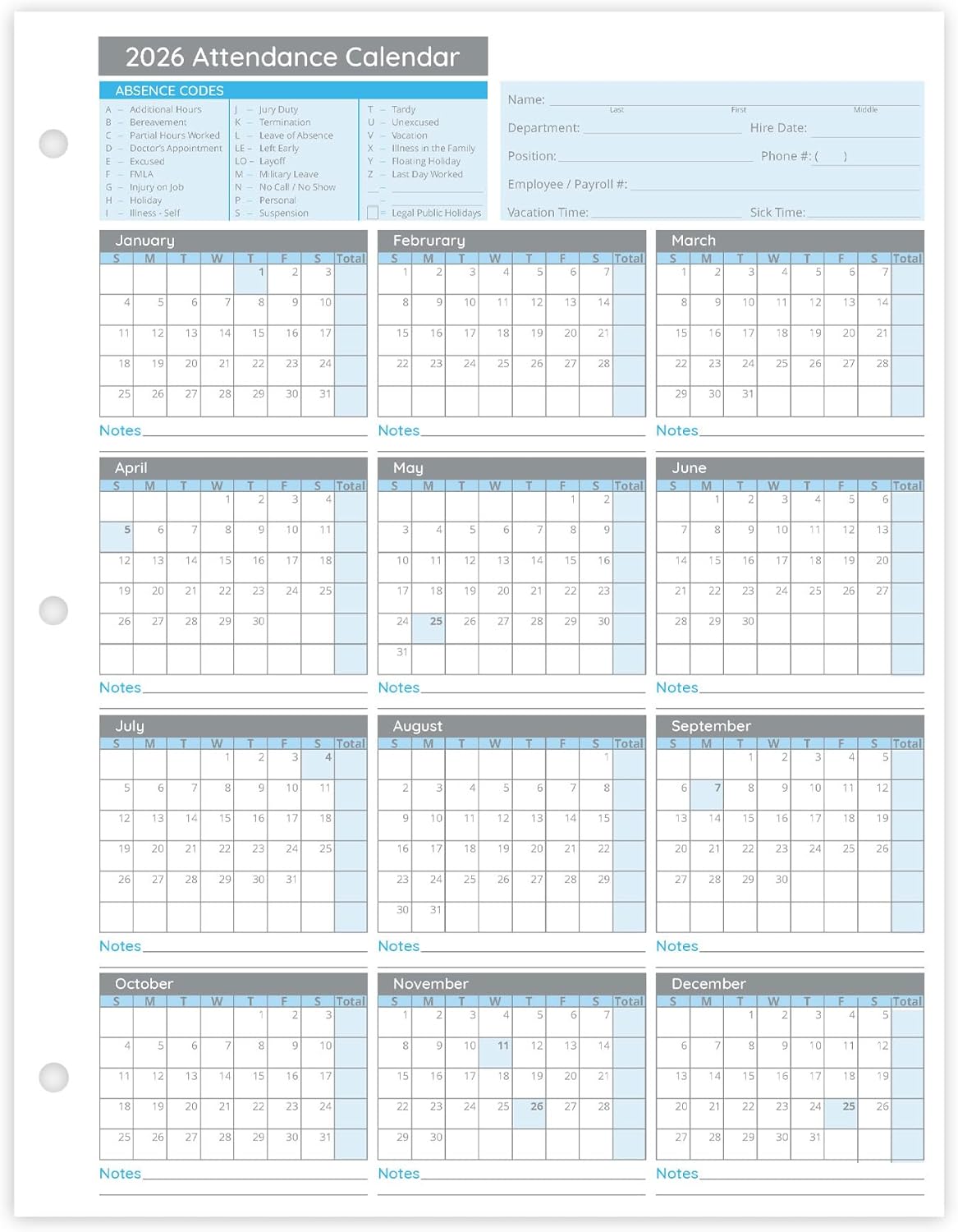 Blue Summit Supplies 50 Sheet Attendance Calendar, Employee 2026 Attendance Sheets for 3 Hole Binder, Convenient Tracker for Employee Attendance Record, Time Off, and Tardiness, 50 Pack