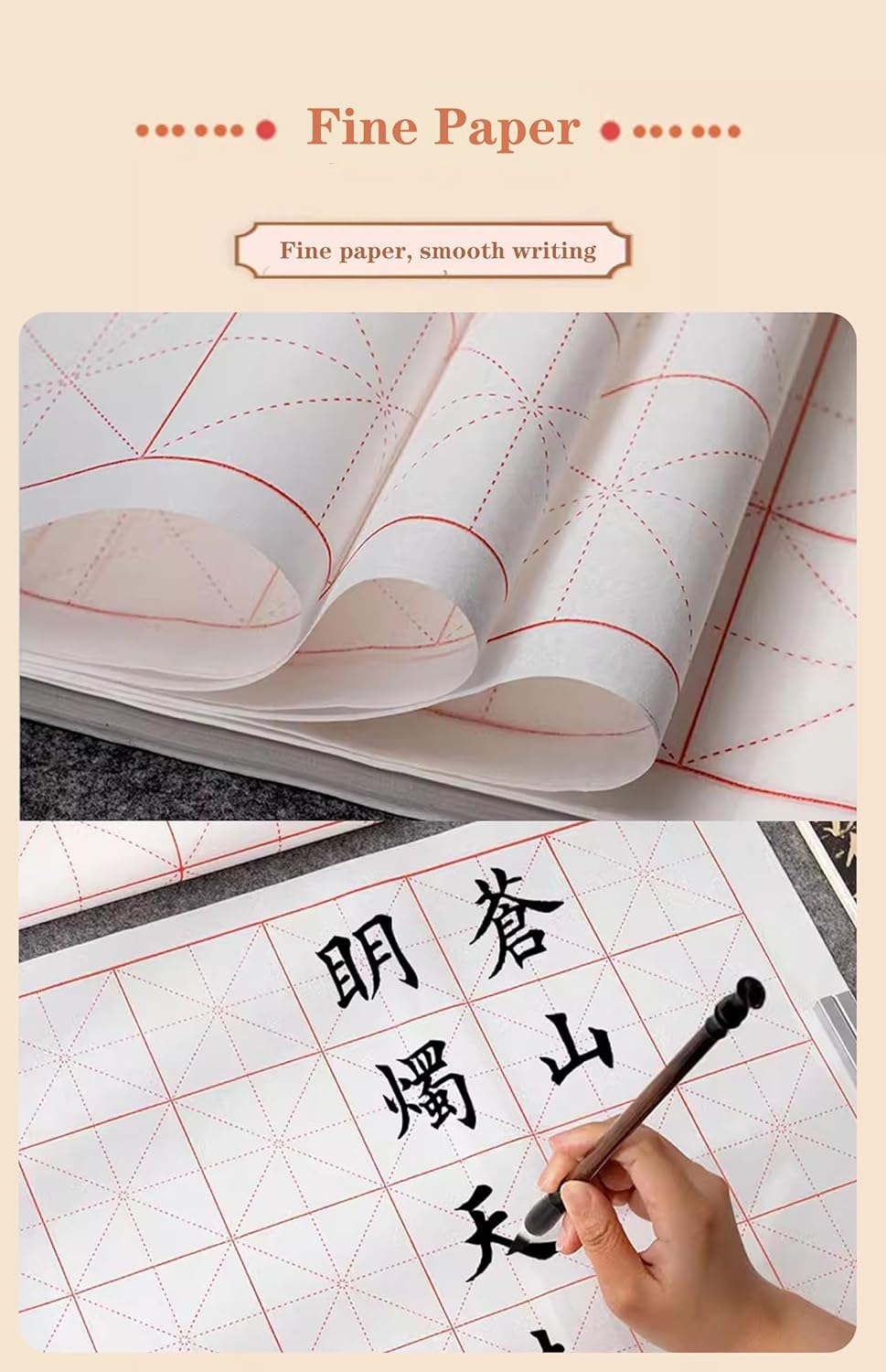 Chinese Calligraphy Paper with Grid, 100 Sheets, White Rice Paper for Brush Writing, Xuan Paper,Calligraphy Practice Paper for Beginners (White, Grid-5cm)