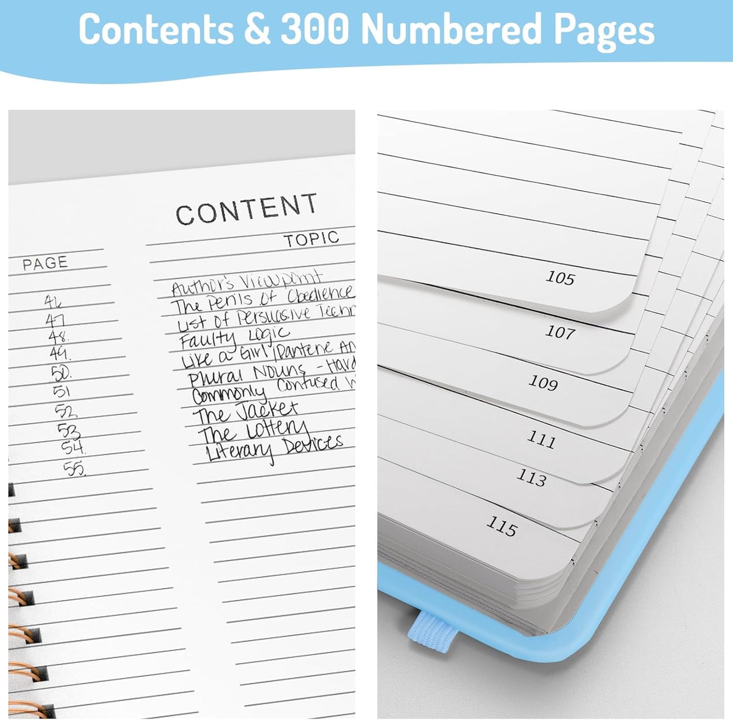 Forvencer A4 Lined Spiral Journal Notebook with 300 Numbered Pages, 11" X 8.5" Thick Journals for Writing with 100GSM Paper, Hardcover Notebooks with Contents for Work, School, Sky Blue