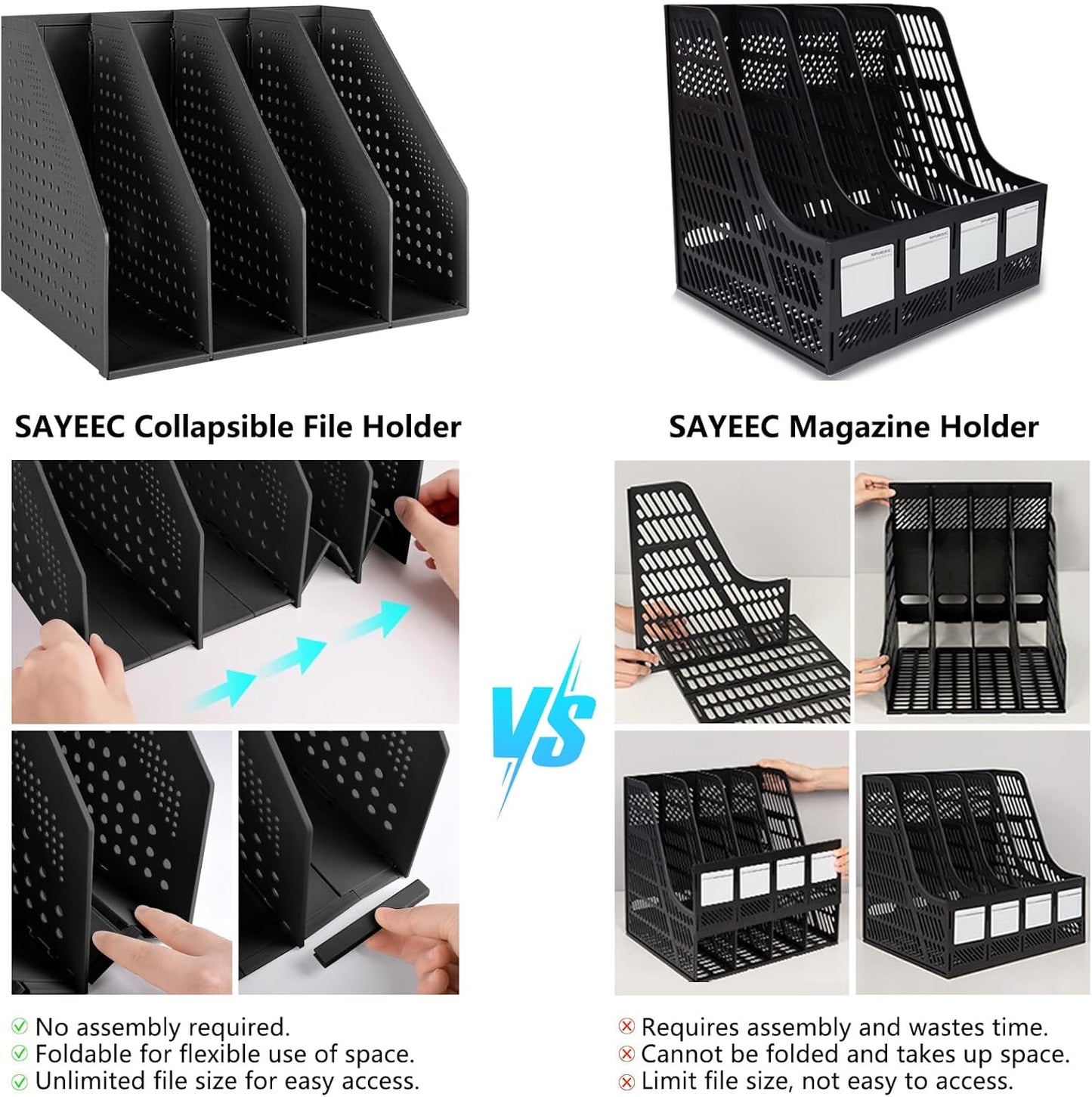 SAYEEC Collapsible Magazine Holder Plastic Desktop 4 Compartment File Rack Magazine Organizer Vertical File Divider Sorter Storage Document Organizer for Office Home School Black