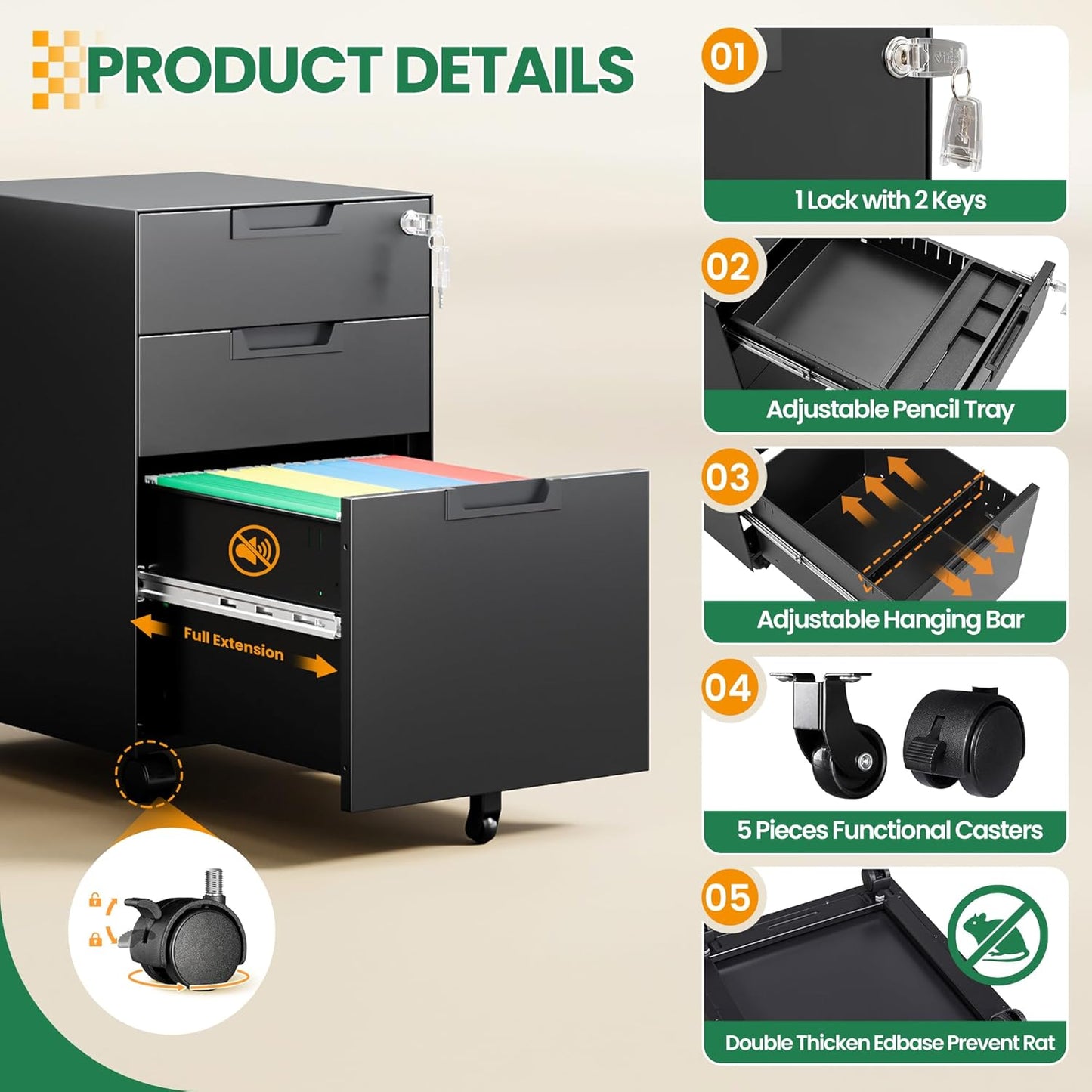 Mobile File Cabinet,3 Drawer Locking Storage Filing Cabinet,Office Metal Storage Cabinet on Wheels for Legal/Letter/A4 File(Fully Assembled，Black)