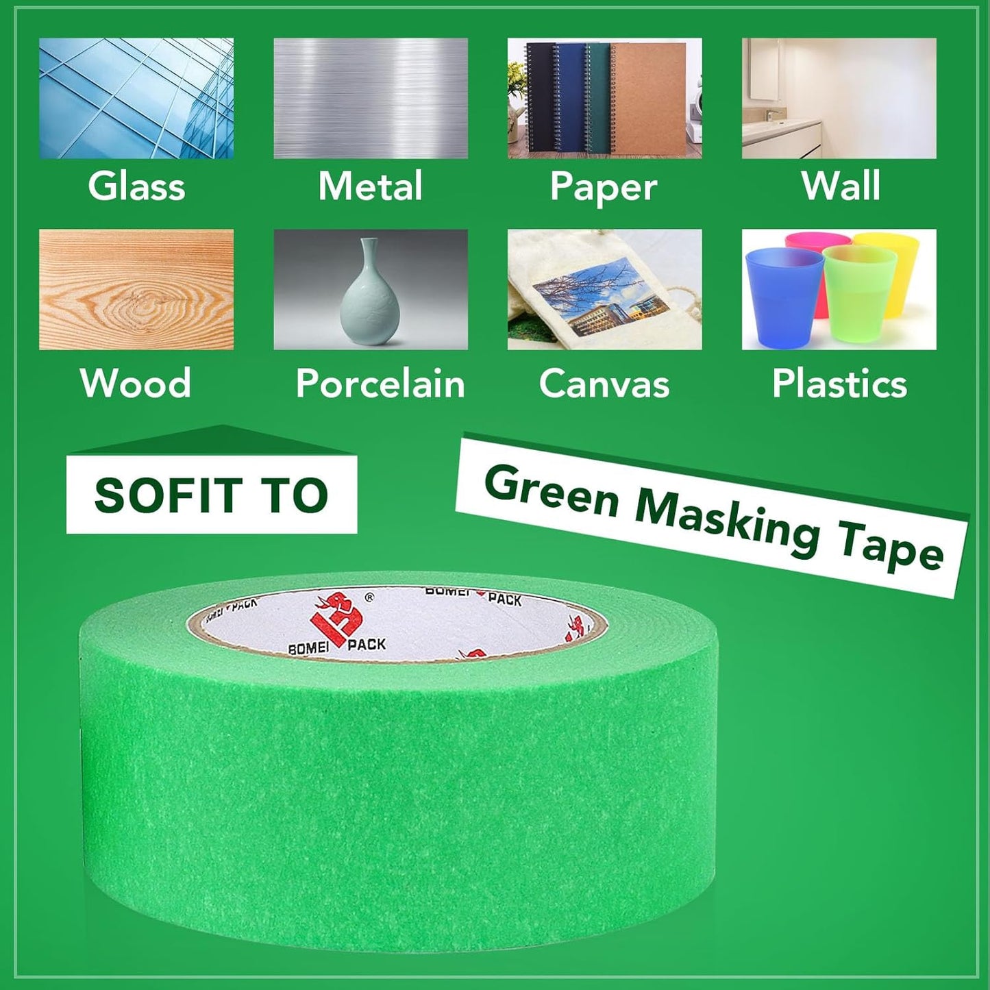 BOMEI PACK 10 Rolls Painters Tape 2 inch Wide, Painter's Tape Green Masking Tape 2 inch x 55 Yards for Walls Painting, Home Improvement and School Projects, Total 550 Yards