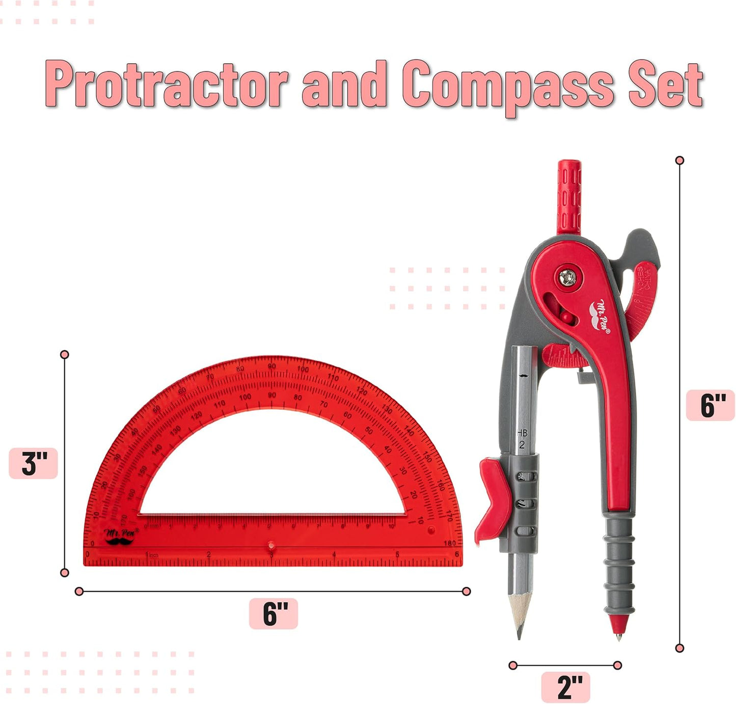 Mr. Pen- Compass and Protractor Set, Candy Apple Red, Compass Geometry Tool, Protractor and Compass Set, Compass Drawing Tool, Drawing Compass, Geometry Compass, Math Compass for Geometry