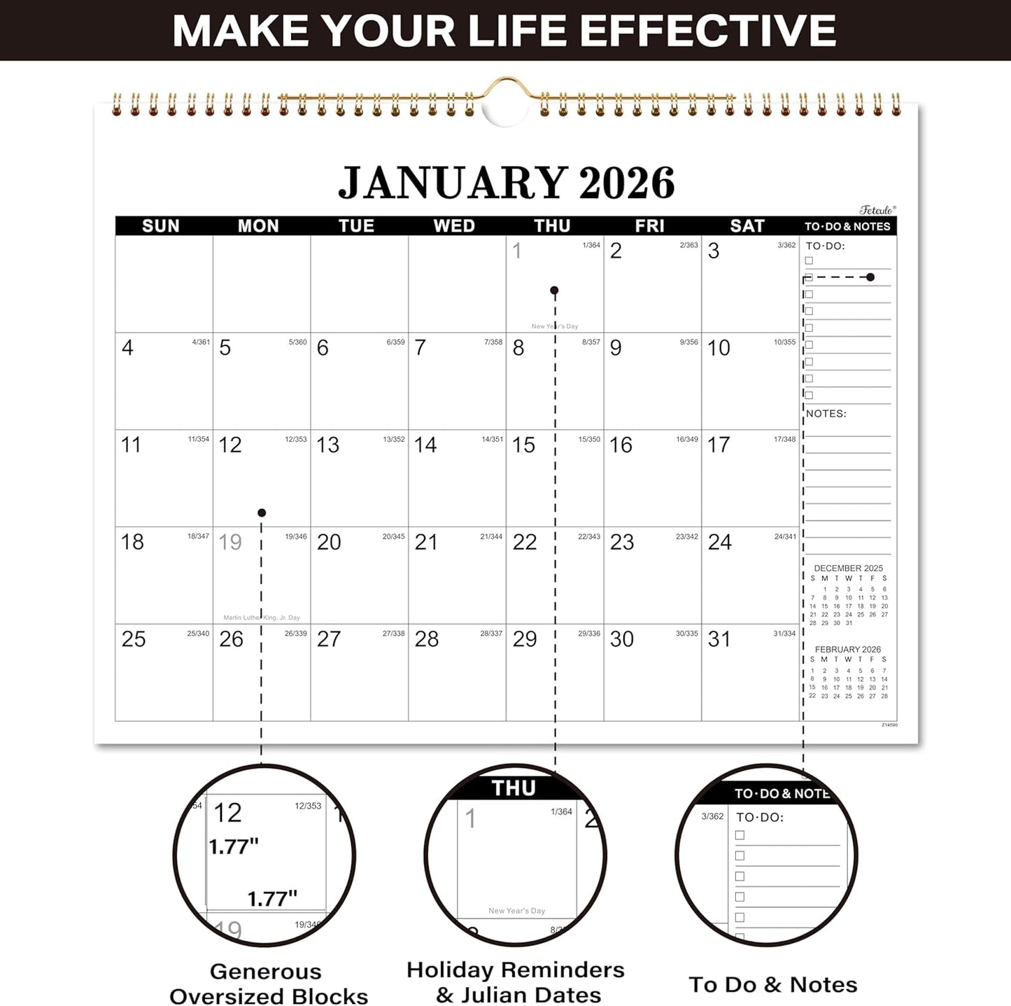 2026 Calendar - 2026 Wall Calendar, Jan. 2026 - Dec. 2026, 14.6'' x 11.4", Large Wall Calendar with Highlighted Holidays, Sturdy Binding, Calendar for Planning