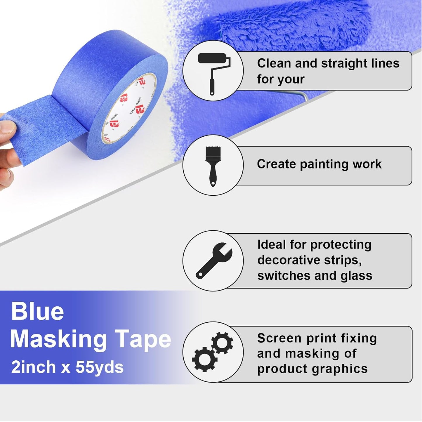 BOMEI PACK 2 Inch Blue Painters Tape, 2 Pack Paint Blue Masking Tape 2 inch x 55 Yards for Walls Painting, Labeling, DIY Crafting, Decoration and School Projects