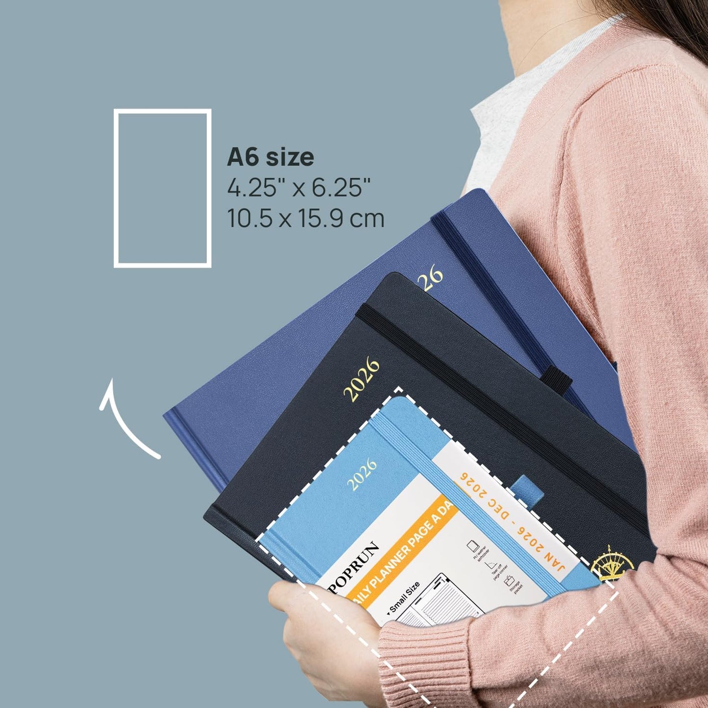 POPRUN 2026 Daily Planner One Page Per Day A6 Size Calendar (4.25" x 6.25") - 12 Months Hourly Appointment Book with Hardcover, Monthly Tabs, Pocket, Pen Holder - Haze Blue