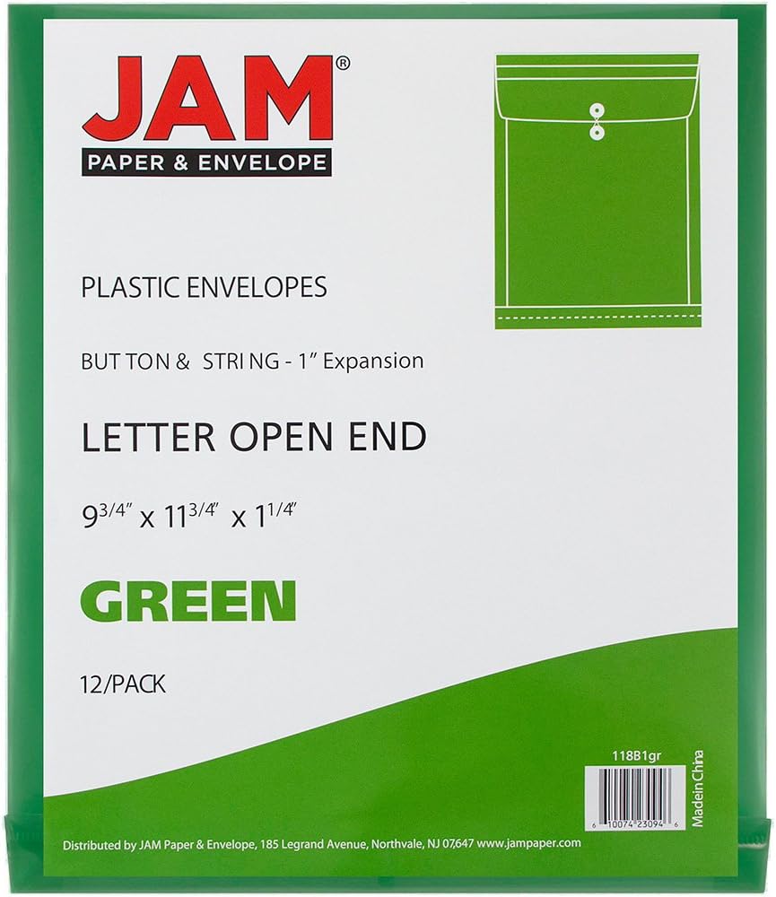 JAM PAPER Plastic Envelopes with Button & String Tie Closure - Letter Open End - 9 3/4 x 11 3/4 - Green - 12/Pack