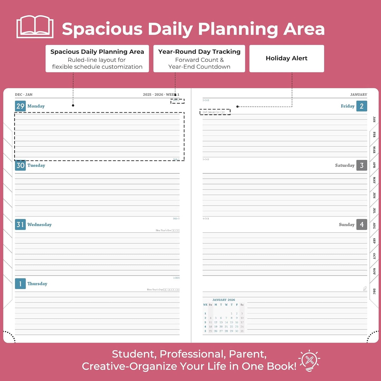 Weekly Monthly 2026 Planner (Jan.26-Dec.26),11.5"x8.5",12 Months Agenda Plan with Month Tabs & Pocket,Expenses/Note Pages, Appointment Book Calendar with Vegan Leather Cover,Rose Red