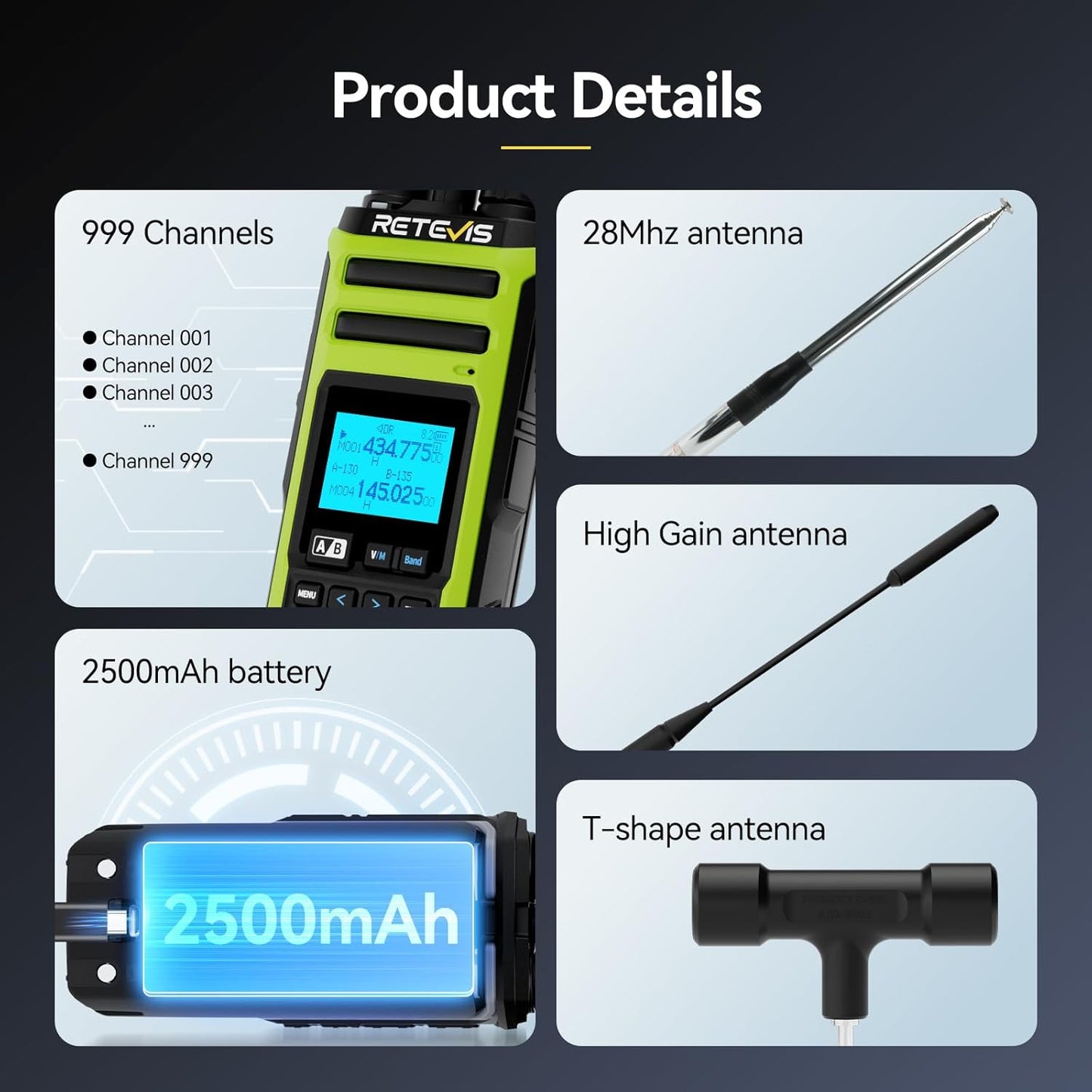 Retevis A3 Ham Radio, Quad-Band Transmission Handheld Radio, Rugged Durable Two Way Radio, NOAA Weather Alert, 3 Antennas, 2800mAh, USB-C, Emergency Long Range Walkie Talkies