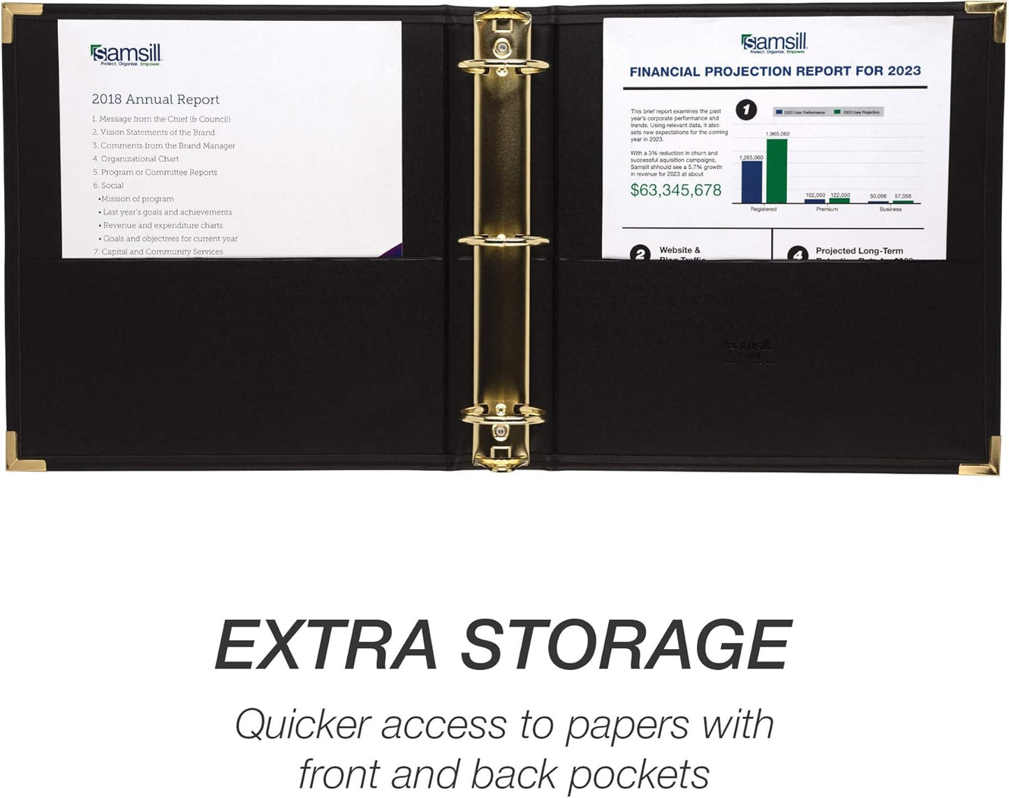 Samsill Classic Collection Leather 3 Ring Binder, Executive Presentation Portfolio, 2 Inch (Holds 425 Sheets), Brass Round Ring, Black