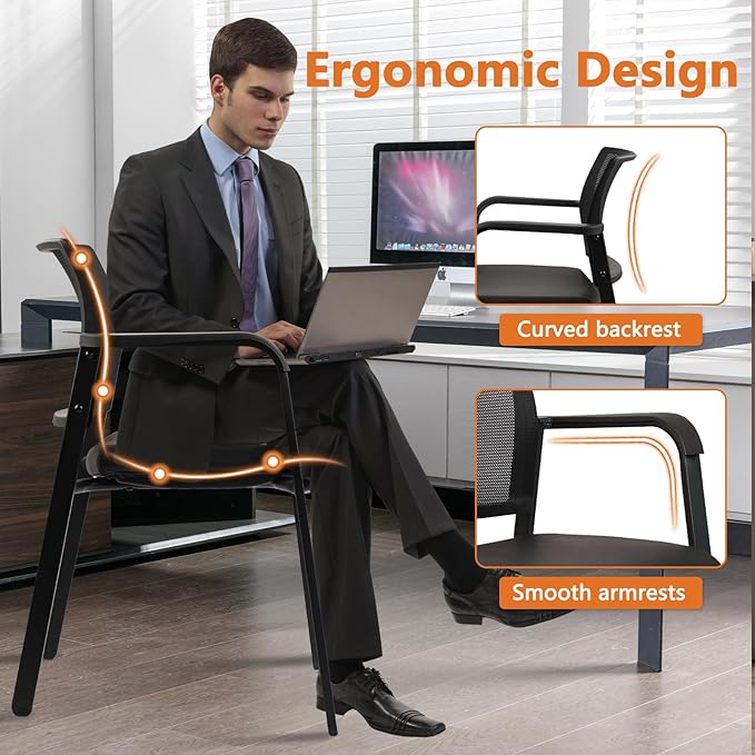 CLATINA Stackable Office Chair, Mesh Back Guest Chairs with Comfortable Leather Seat Arms Stacking Ergonomic Desk Chair No Wheels for Conference Waiting Reception School Stationary, Black, Set of 4