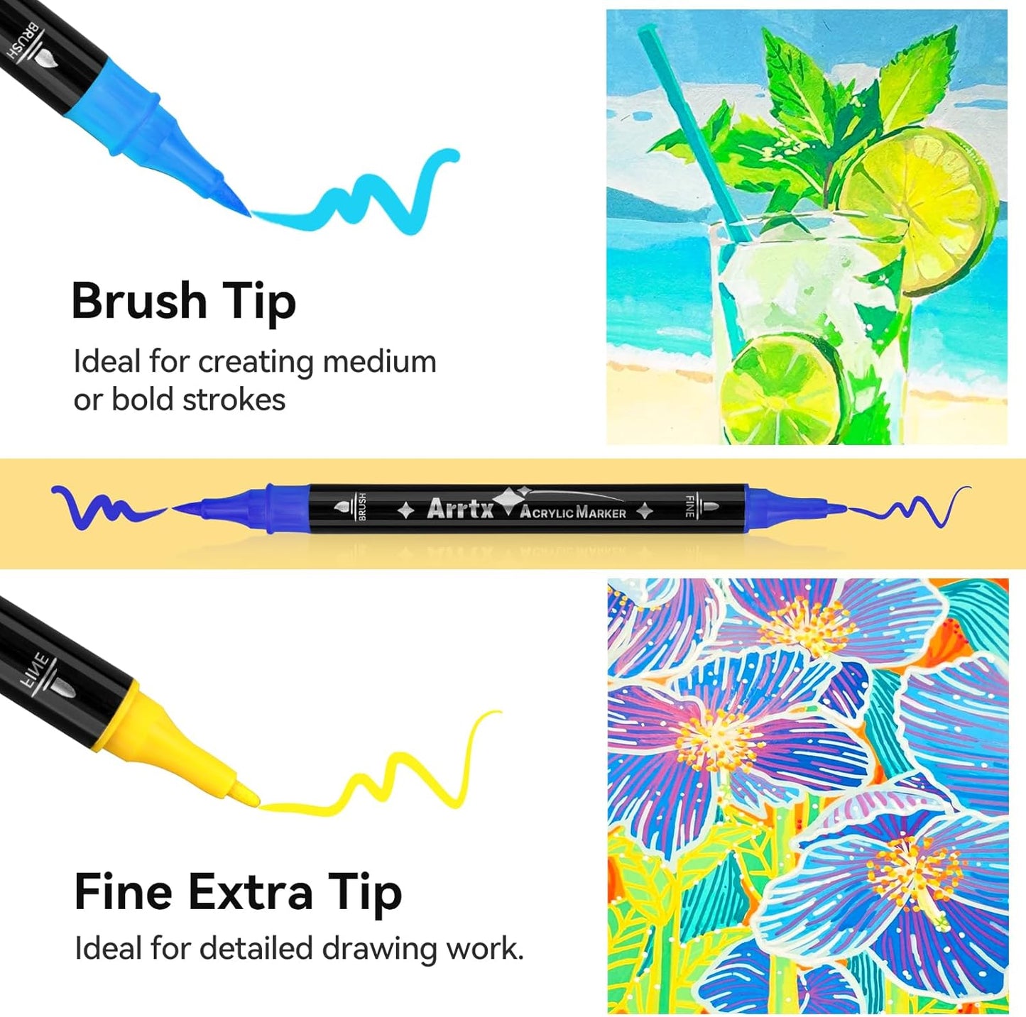 Arrtx Paint Markers Paint Pens, 32 Colors Acrylic Paint Pens for Rock Painting, Ceramic, Wood, Plastic, Calligraphy, Scrapbooking, Brush Lettering, Card Making, DIY Crafts (Fine Tip and Brush Tip)