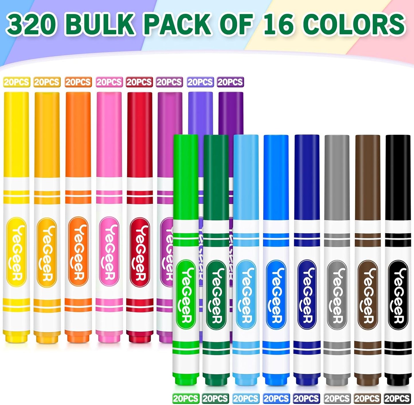 320 Count Washable Markers Bulk – 16 Assorted Colors, Broad Tip Markers for Kids, Teachers, and Classroom Supplies, Perfect for Art and Coloring.