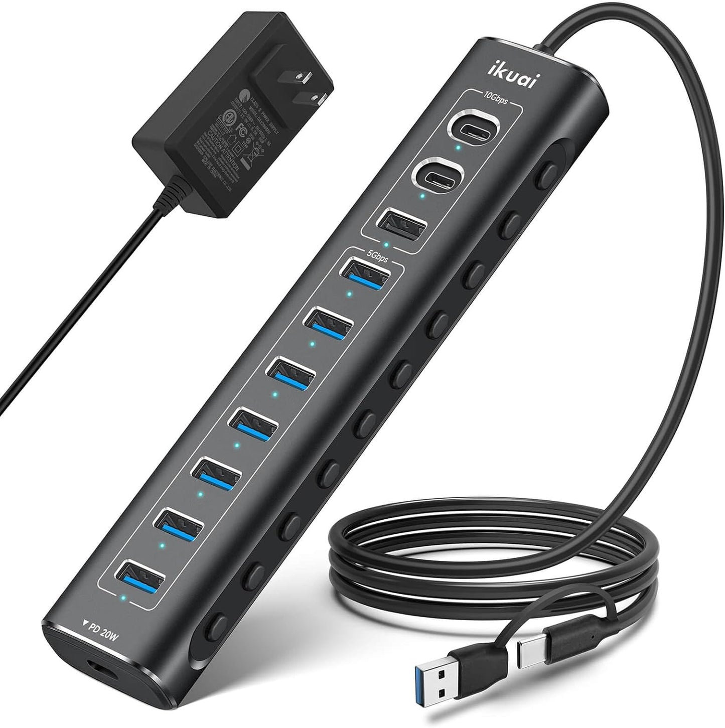 Powered USB Hub, 11-Port ikuai Hybrid USB 3.2/ USB C Hub with PD Charging Port and 60W Power Adapter, Aluminum USB Splitter Including 3 10Gbps Ports and 7 USB 3.0 Ports for PC, Laptop and More