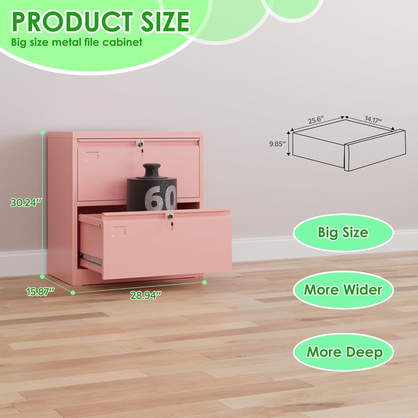 Aobabo 2 Drawer Wide Lateral File Cabinet, Metal Filing Cabinet with Lock, Suitable for Home Office School Hanging Files Letter/Legal/F4/A4 Size,Pink,Required-Assembly,15.87" D x 28.94" W x 30.24" H