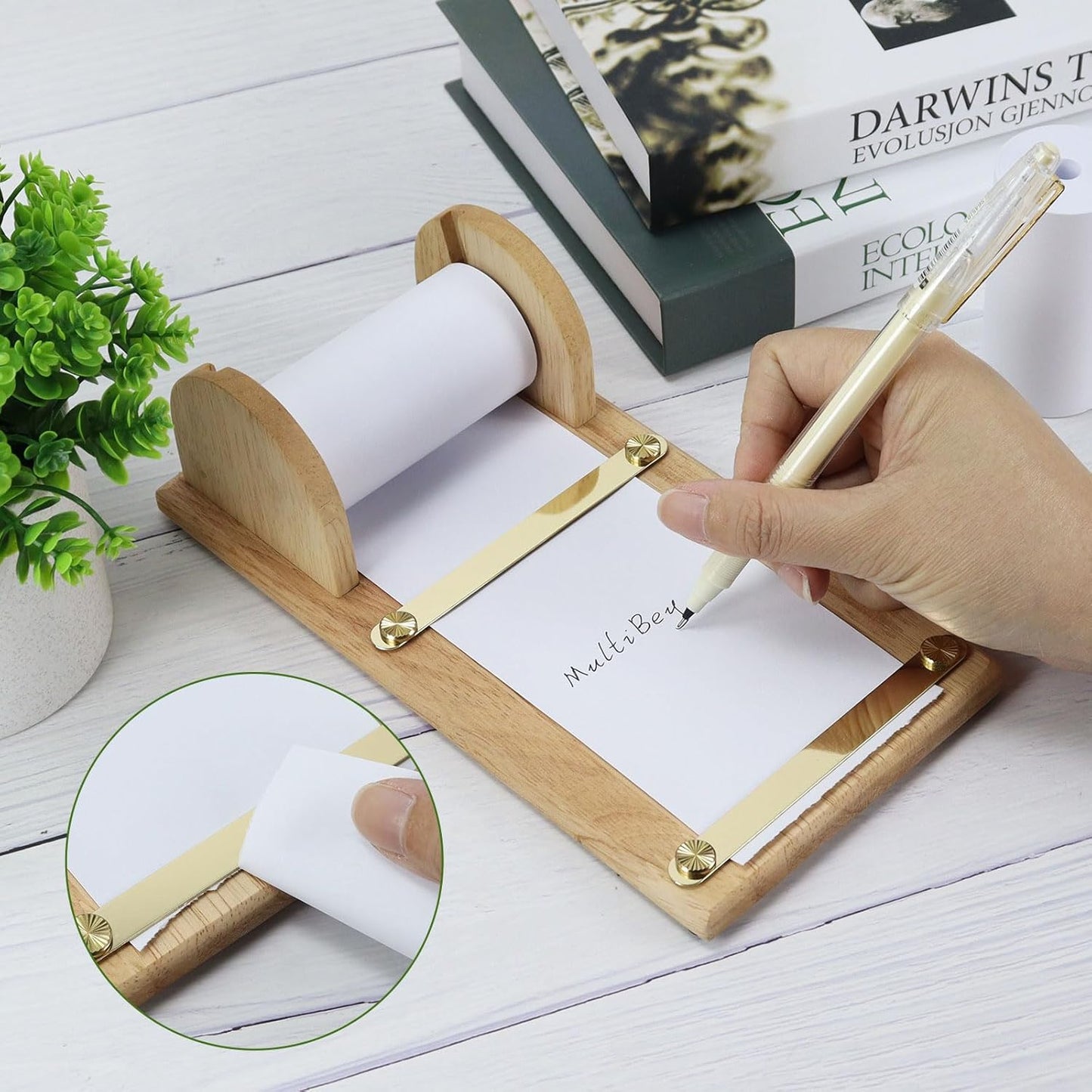 Buqoo Desktop Wooden Roll Dispenser, Bamboo Spool Sticky Note Clipboard Restaurant Writing Clip,Coffee Dessert Menu Holder, Tearable Shaft Wooden Paper Roll Dispenser with with 36ft Note Paper