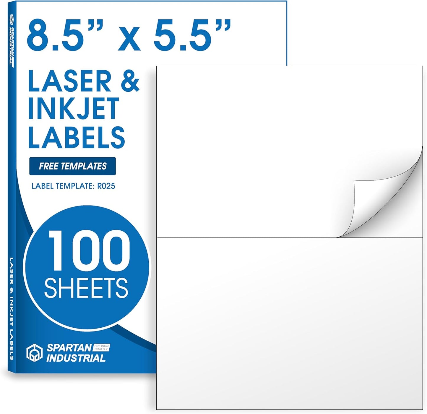 8.5" X 5.5" Printable Half-Sheet Shipping Labels Compatible with Inkjet and Laser Printers - 100 Sheets, 200 Total Matte White Paper Stickers for Mailing and Packages - Spartan Industrial