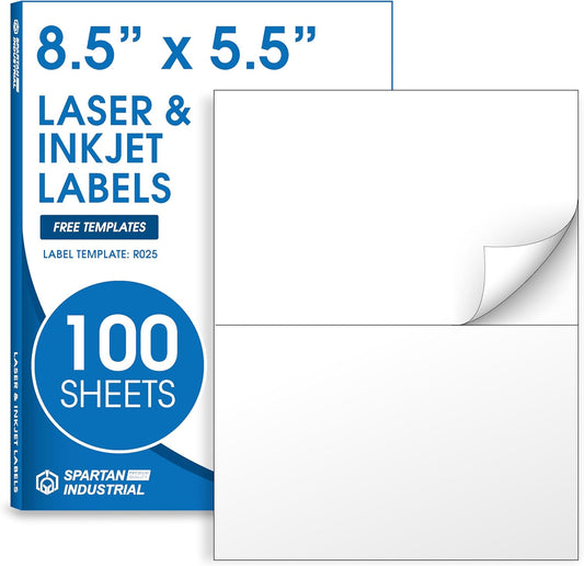 8.5" X 5.5" Printable Half-Sheet Shipping Labels Compatible with Inkjet and Laser Printers - 100 Sheets, 200 Total Matte White Paper Stickers for Mailing and Packages - Spartan Industrial