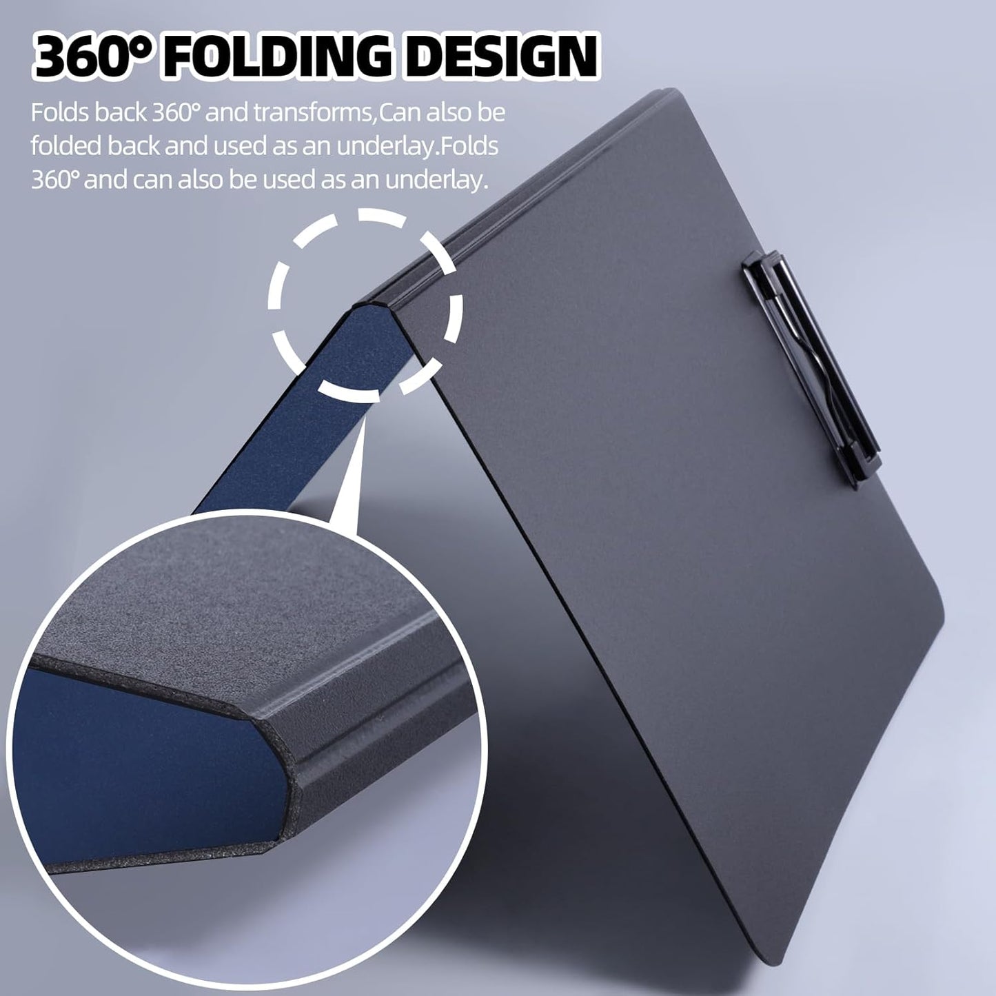 Clipboard Folder, A4 Foldable Clipboard with Horizontal and Vertical Double Metal Clips, 360 Degree Foldable Binder Clipboards with Pen Holder, File Cover Work Folder Clipboards, Blue