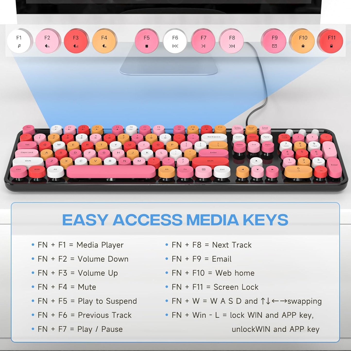 Wired Keyboard, 104 Keys Full-Sized Typewriter Keyboards, USB Plug and Play Office Keyboard with Number Pad, Caps Indicators for Windows 7 8 10, PC, Laptop, Desktop (Black Colorful)