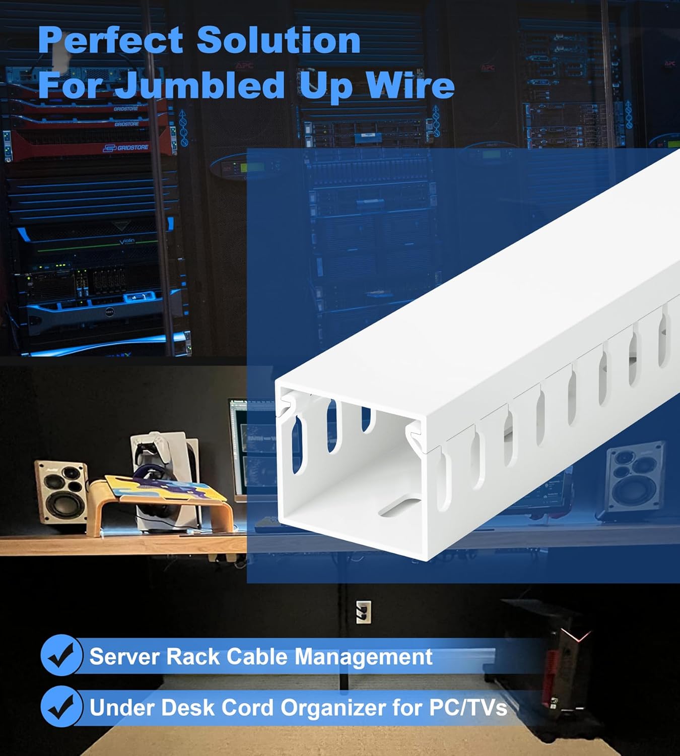 66in(4X L16.5in) Professional Server Rack Cable Management Raceway, H1.4in x W1.6in Cable Raceway Kit, Electrically Safe PVC Open Slot Wire Raceway for Under Desk/Computer/Network Cords, White